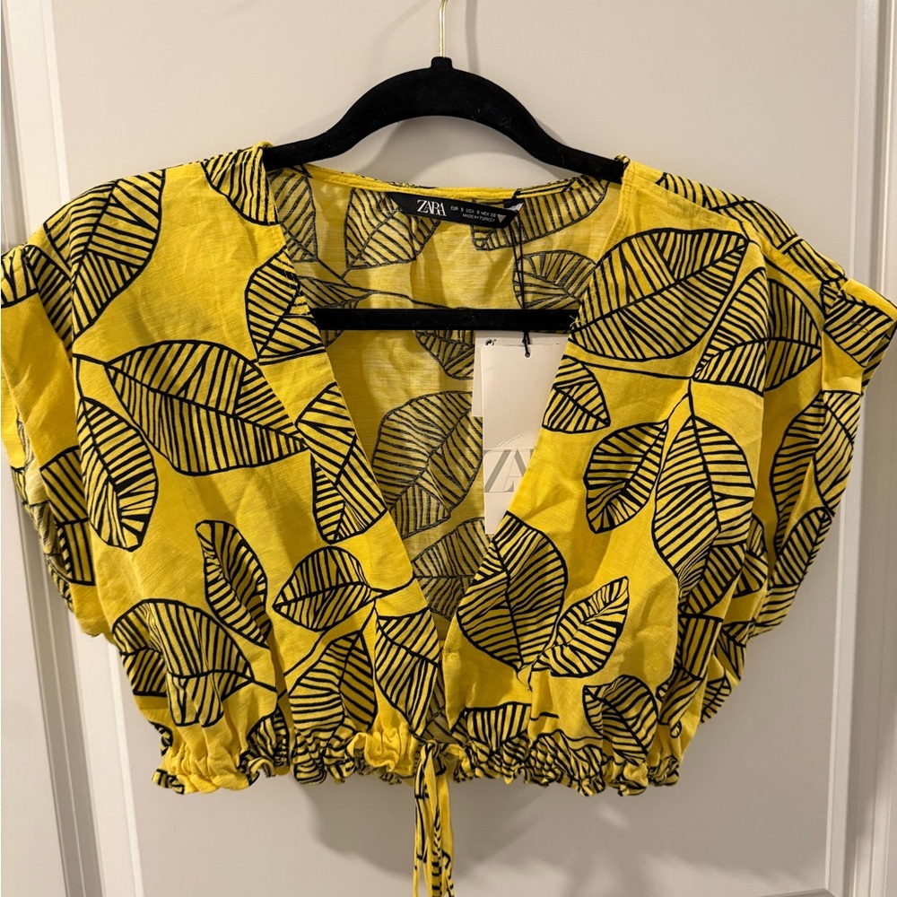 Zara Yellow Leaf-Print Cropped Tie-Front Top